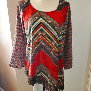 Ivy Jane Brown Tribal Print Fringed Top M